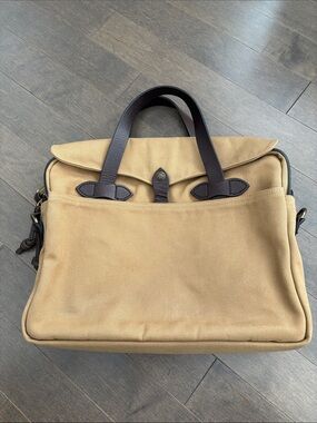 FILSON Rugged Twill Original Briefcase, Tan Brown Leather Work Bag Men’s Luggage